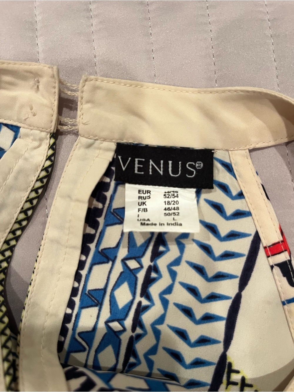VENUS Cream Shift Dress with Blue and Red Geometric Print size L - Picture 4 of 5